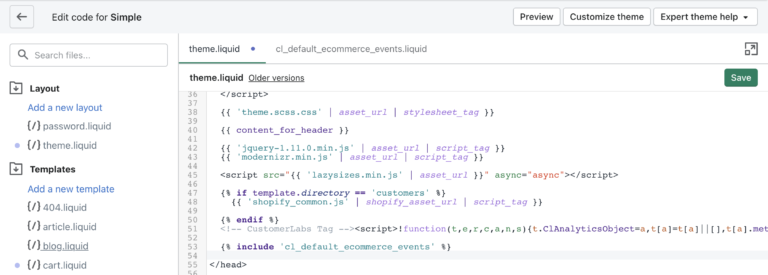 Shopify Theme.liquid install customerlabs code